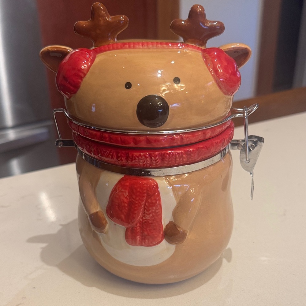 Reindeer Holiday Cookie Jar - Red and Brown
